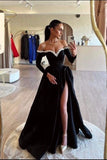 Black Prom Dress Long A Line Pleated High Slit