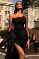 Black Prom Dress Long Sleeves Tulle One Shoulder with Pleated Slit