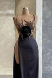 Black Spaghetti-Strap Mermaid Evening Dress with Beadings Sequins and Slit