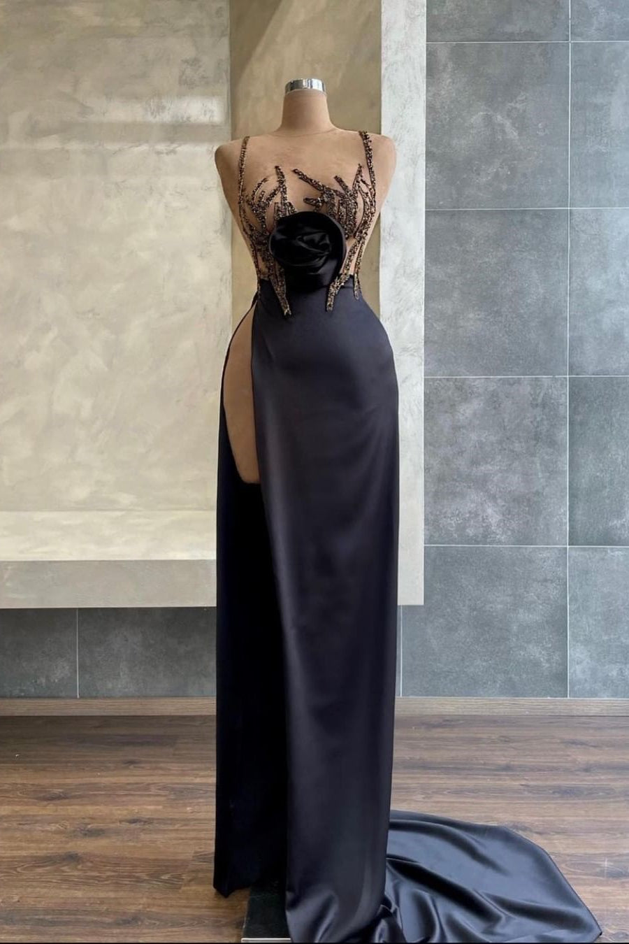 Black Spaghetti-Strap Mermaid Evening Dress with Beadings Sequins and Slit