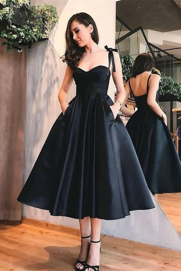 Black Spaghetti-Strap Sweetheart Tea Length A-Line Evening Dress with Pockets