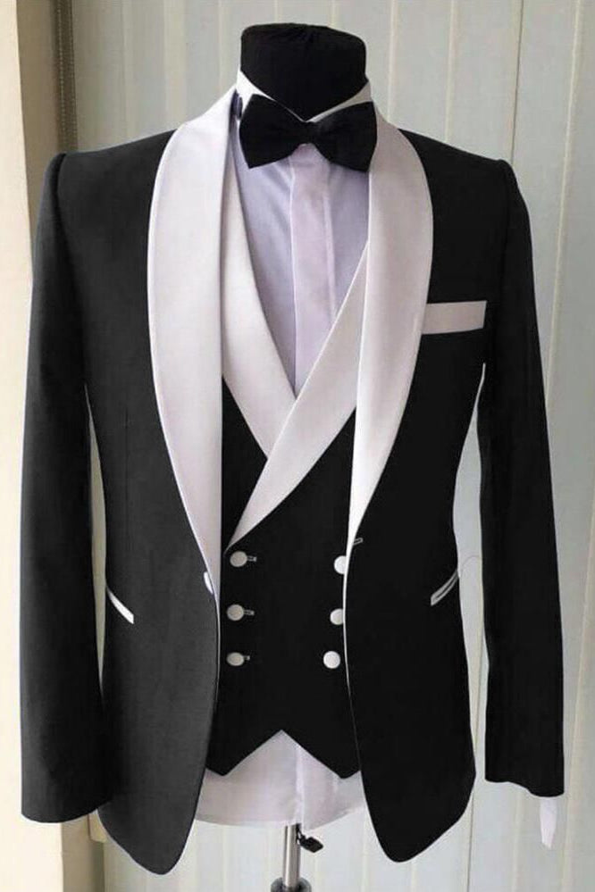 Black Three-Piece Wedding Suit with White Shawl Lapel for Men¡¯s Parties