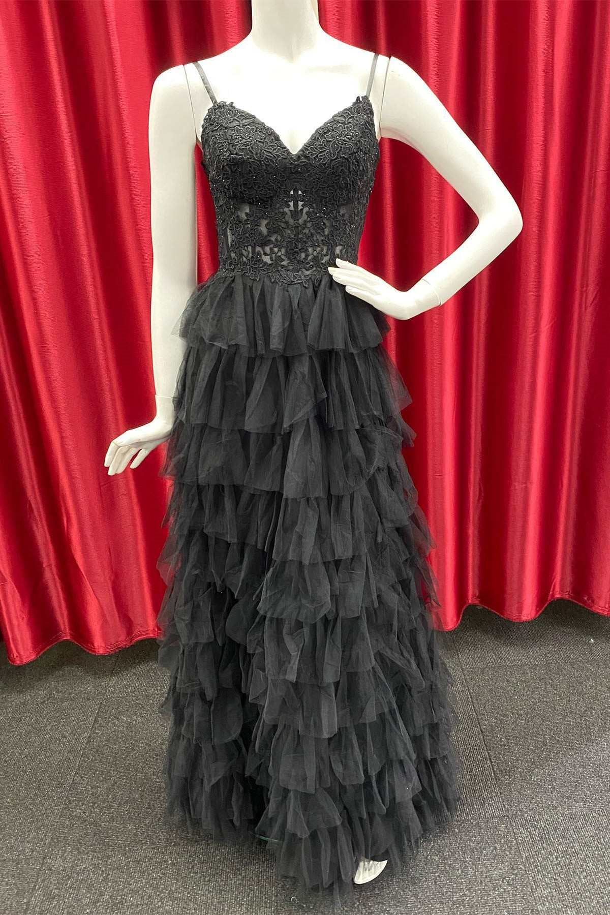 Black V Neck Straps Beaded Appliques Multi-Layers Keyhole Long Prom Dress