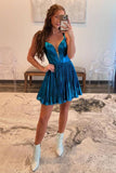 Blue Metallic A-line Homecoming Dress Plunging Neck