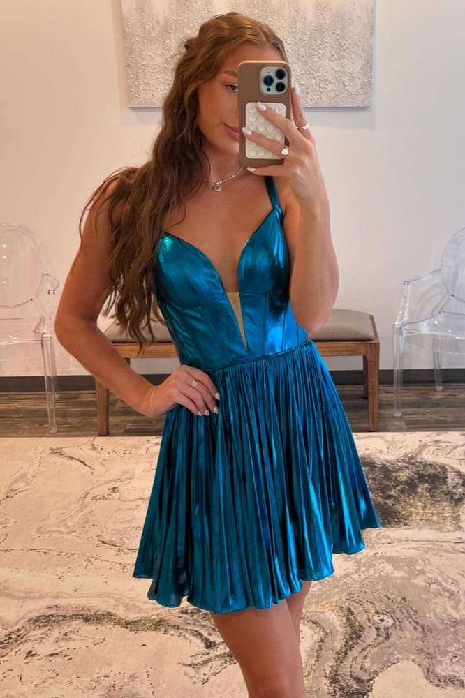 Blue Metallic A-line Homecoming Dress Plunging Neck