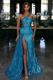 Blue One-Shoulder Evening Dress with Sequin Slit