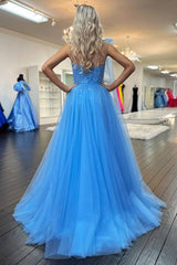 Blue One Shoulder Lace Ruched A-Line Tulle Prom Dress with Bow