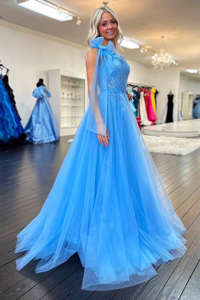 Blue One Shoulder Lace Ruched A-Line Tulle Prom Dress with Bow