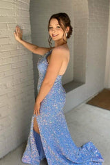 Blue Sequin Slit Mermaid Prom Dress with One Shoulder