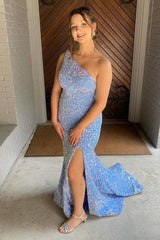 Blue Sequin Slit Mermaid Prom Dress with One Shoulder