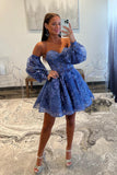 Blue Strapless Sequin-Embroidered Homecoming Dress with Detachable Sleeves