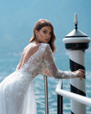 Boho A-line V-neck Wedding Dress Lace Backless With Long Sleeves