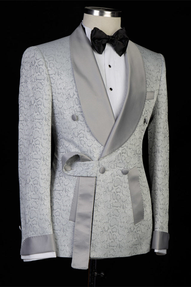 Braiden Silver Shawl Lapel Double-Breasted Jacquard Wedding Suit