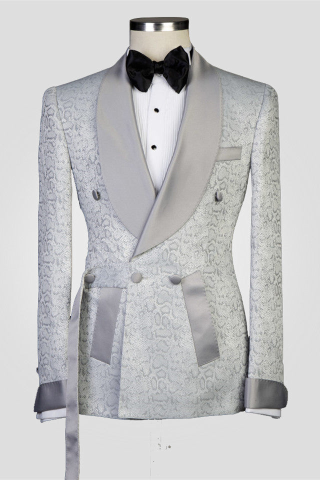 Braiden Silver Shawl Lapel Double-Breasted Jacquard Wedding Suit