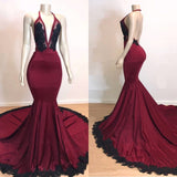 Burgundy Black V-Neck Mermaid Evening Dress Halter with Applique