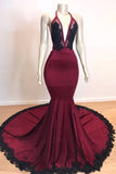 Burgundy Black V-Neck Mermaid Evening Dress Halter with Applique