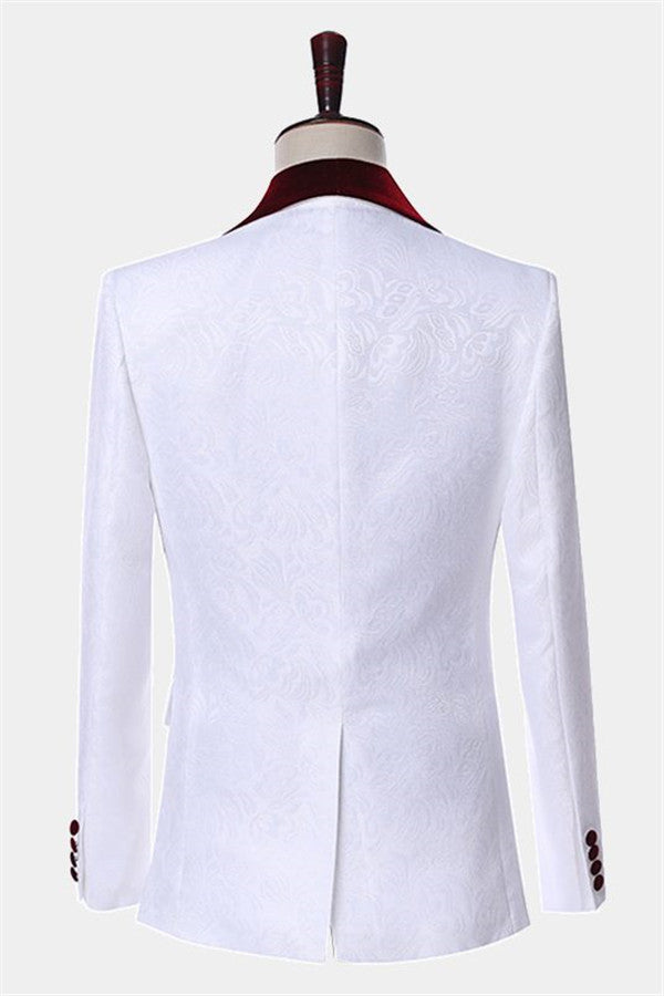 Burgundy Lapel White Jacquard Wedding Suit for Groom 2024 Online