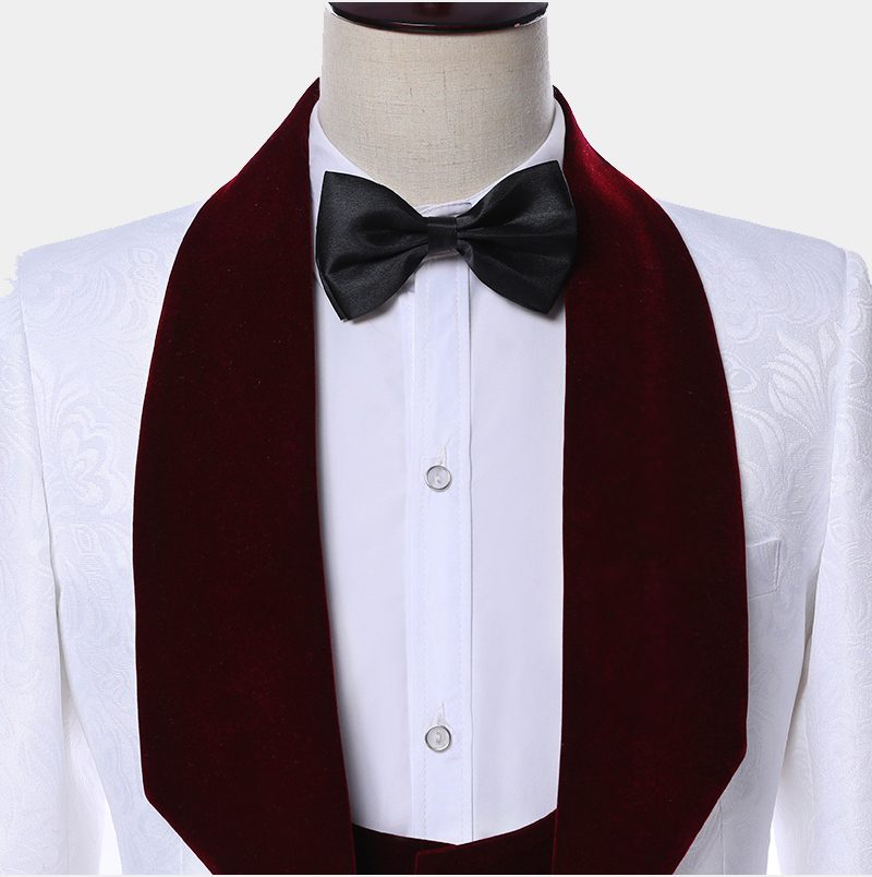 Burgundy Lapel White Jacquard Wedding Suit for Groom 2024 Online