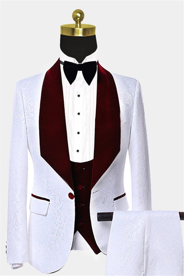 Burgundy Lapel White Jacquard Wedding Suit for Groom 2024 Online