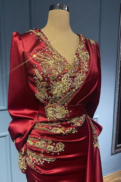 Burgundy Long Sleeves Mermaid Evening Dress with Beads