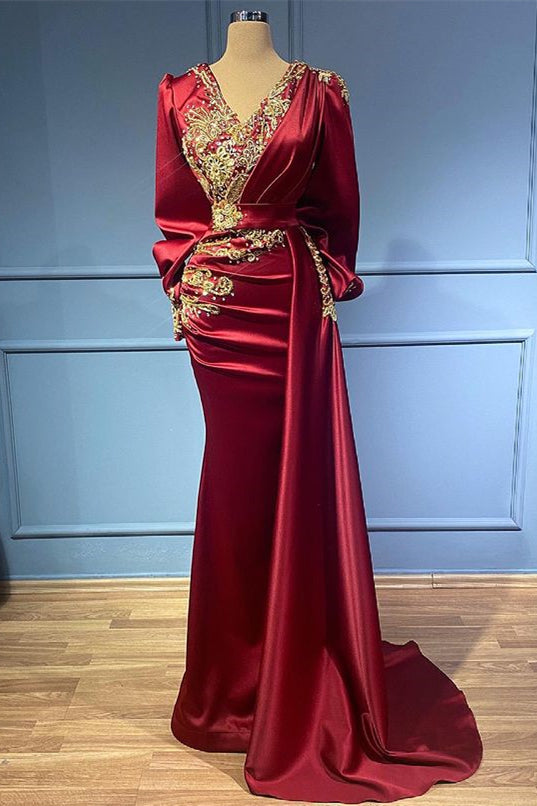 Burgundy Long Sleeves Mermaid Evening Dress with Beads