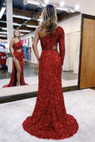 Burgundy One-Shoulder Mermaid Evening Dress Long Sequins