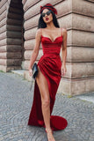 Burgundy Spaghetti-Straps Long Evening Dress with Split