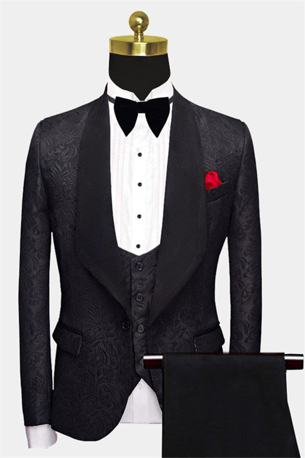 Business Black Three-Piece Jacquard Wedding Suit for Men