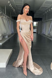 Champagne Off-The-Shoulder Long Mermaid Evening Dress with Split