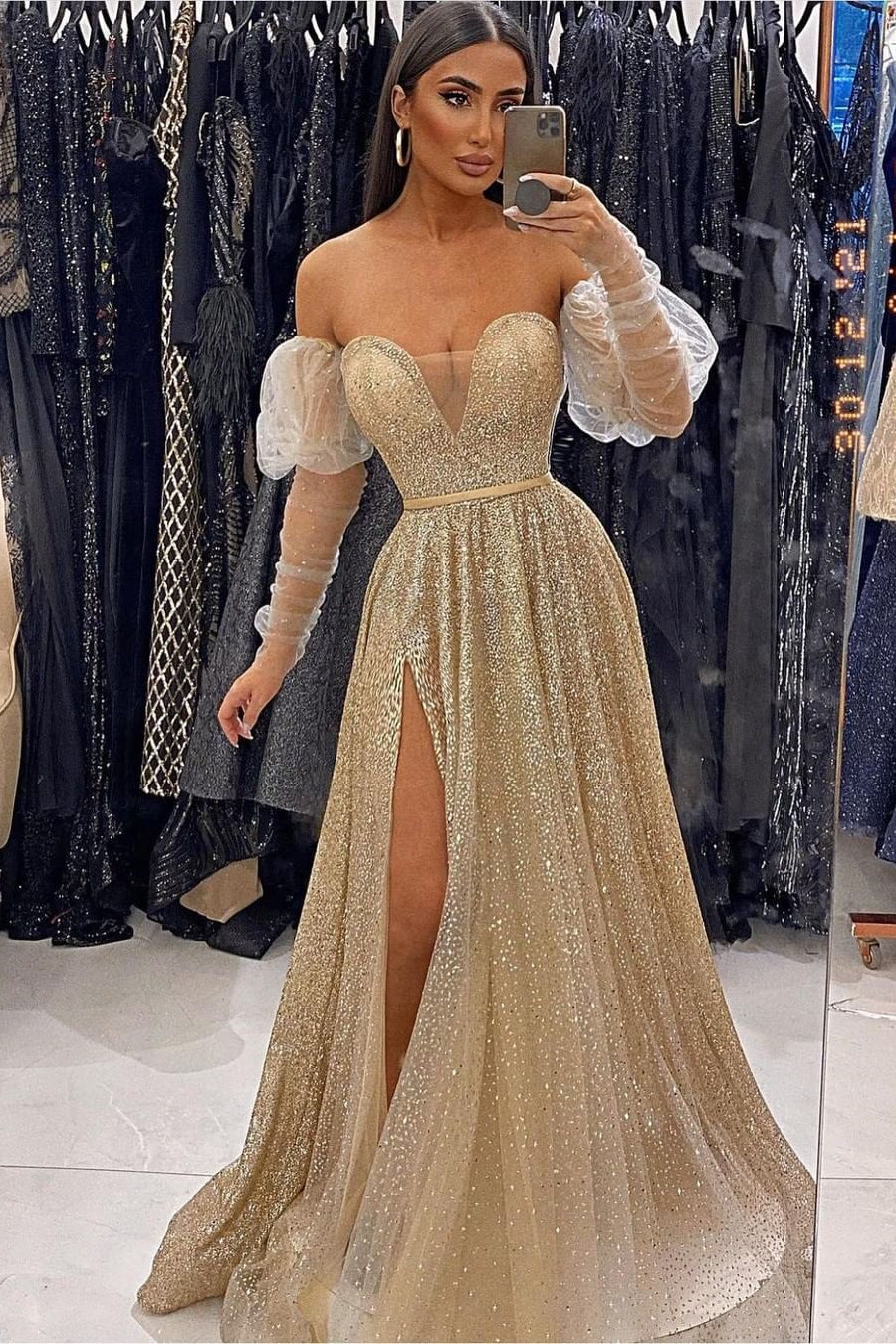 Champagne V-Neck Sequins Evening Prom Dress with Front Split and Long Sleeves