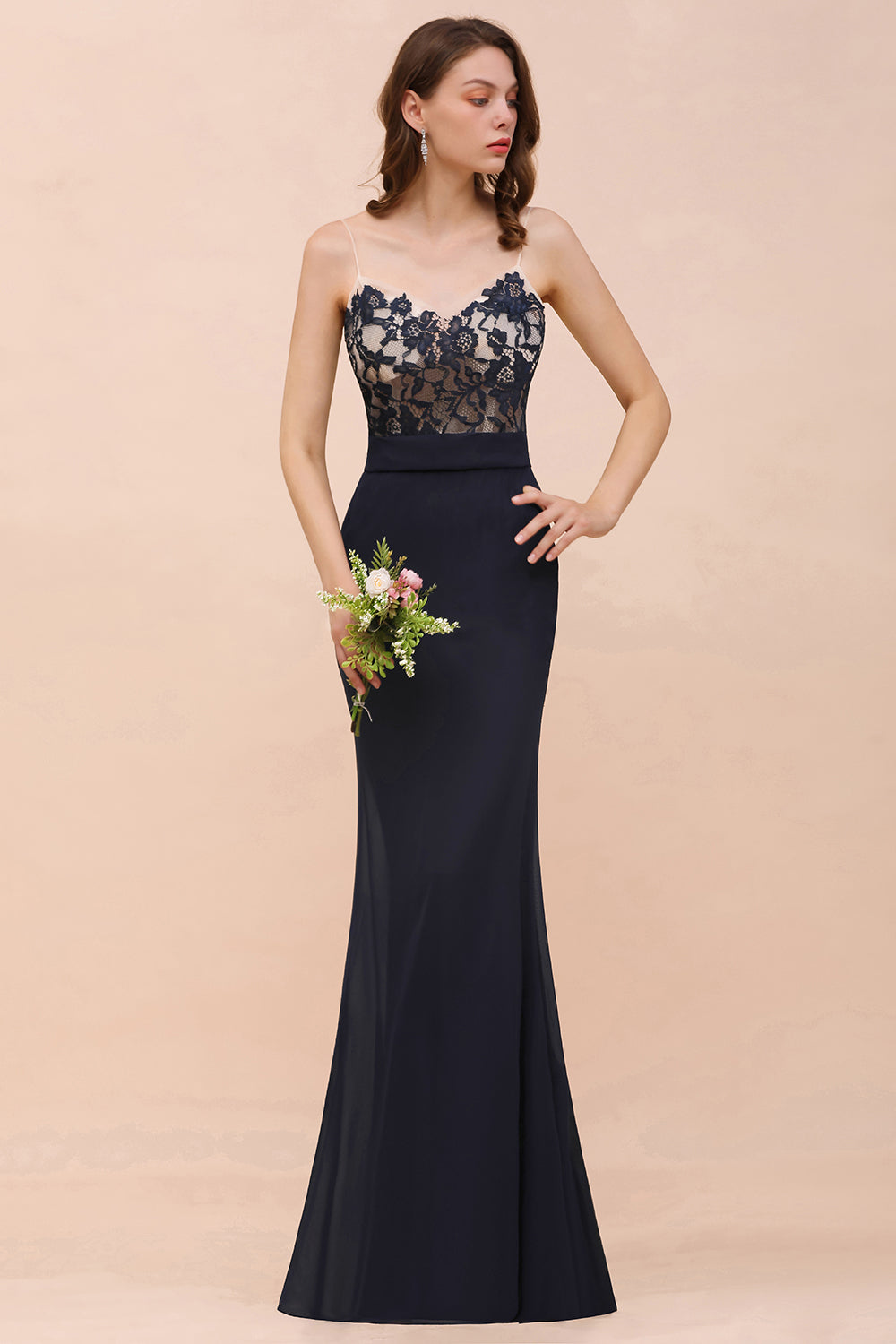 Chic Mermaid Chiffon Lace Affordable Bridesmaid Dress with Spaghetti Straps-Babyonlines