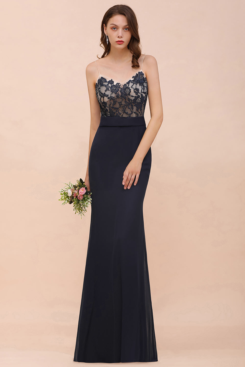 Chic Mermaid Chiffon Lace Affordable Bridesmaid Dress with Spaghetti Straps-Babyonlines