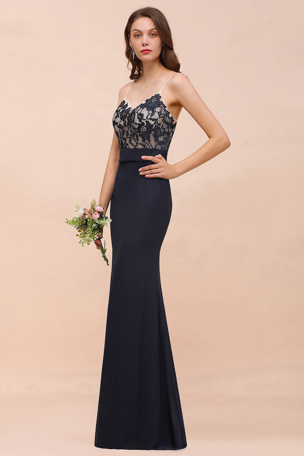 Chic Mermaid Chiffon Lace Affordable Bridesmaid Dress with Spaghetti Straps-Babyonlines