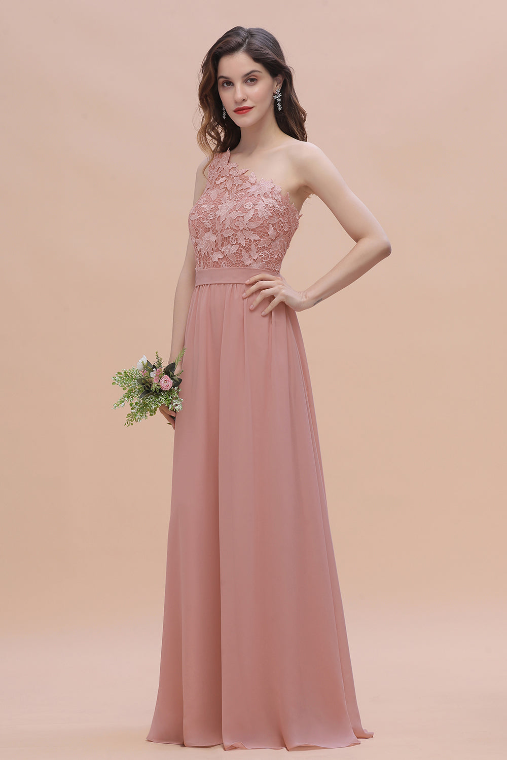 Chic One Shoulder Chiffon Lace Vintage Mauve Bridesmaid Dress On Sale-Babyonlines