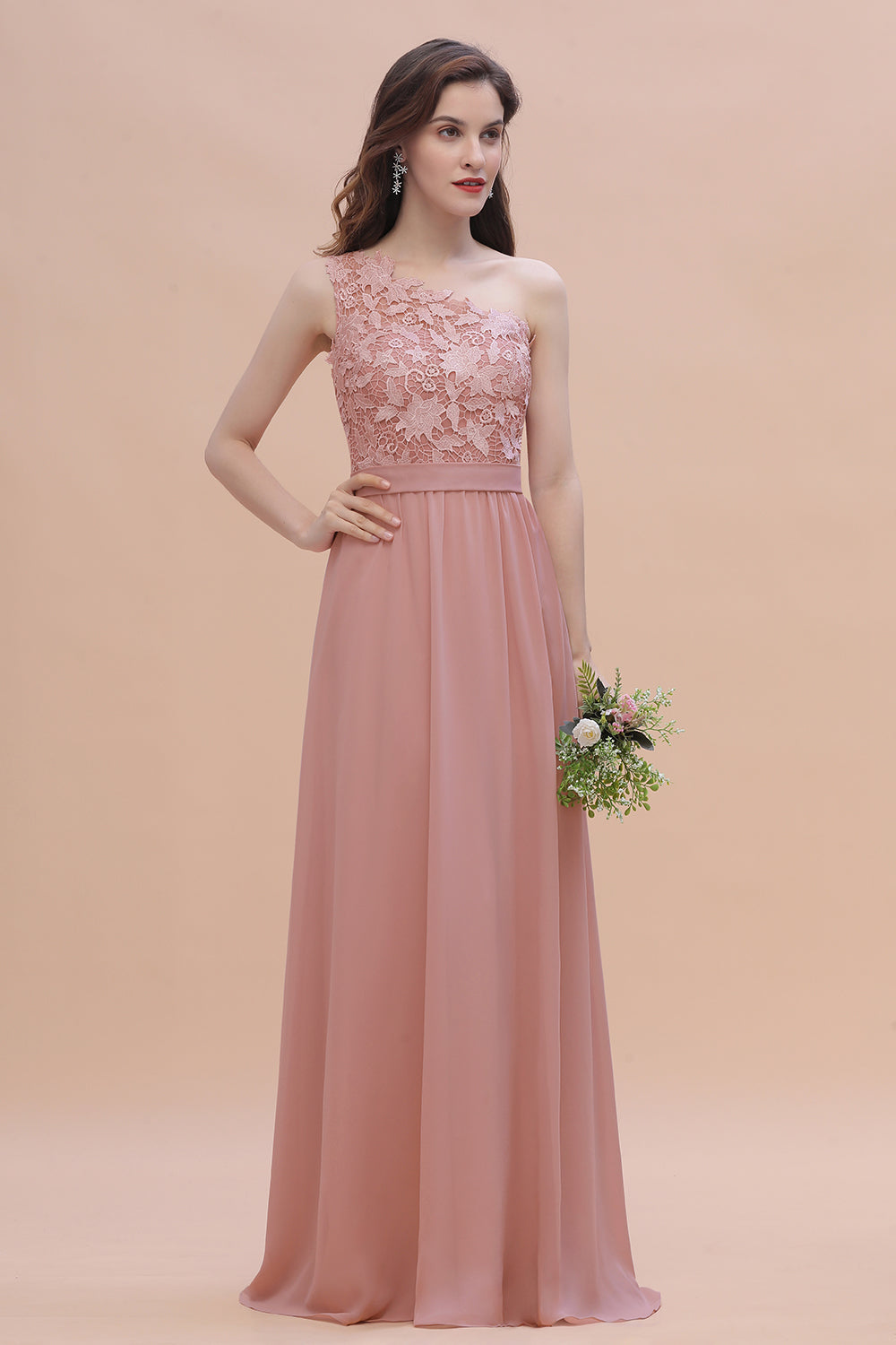 Chic One Shoulder Chiffon Lace Vintage Mauve Bridesmaid Dress On Sale-Babyonlines