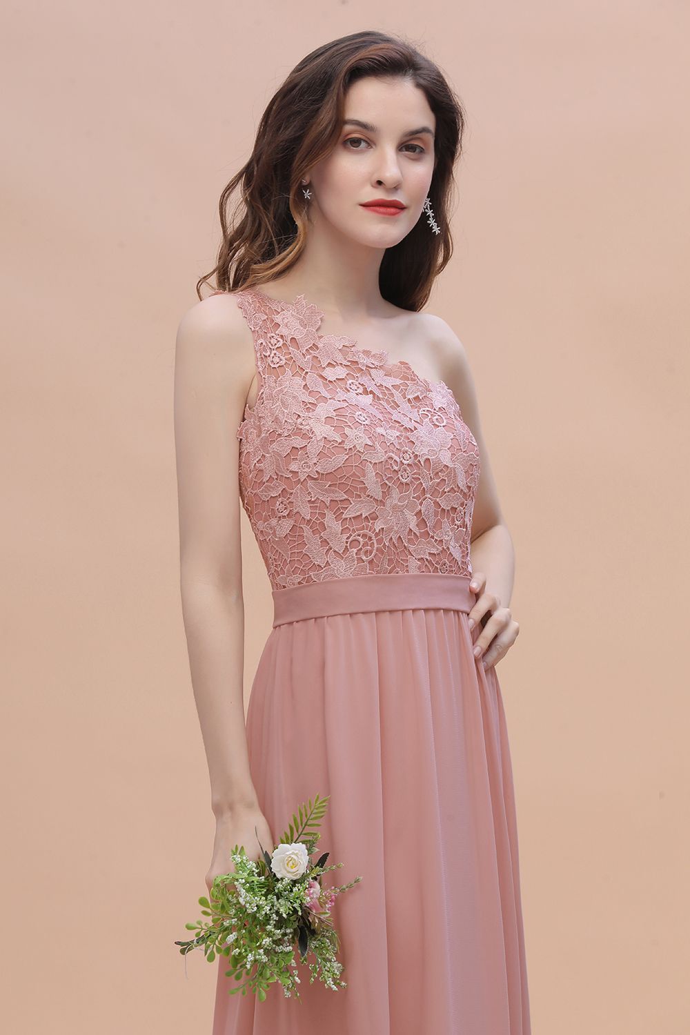 Chic One Shoulder Chiffon Lace Vintage Mauve Bridesmaid Dress On Sale-Babyonlines