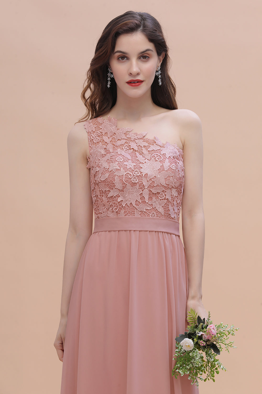 Chic One Shoulder Chiffon Lace Vintage Mauve Bridesmaid Dress On Sale-Babyonlines