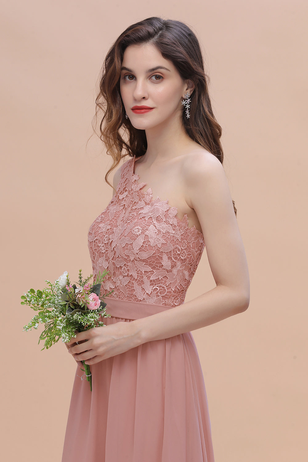 Chic One Shoulder Chiffon Lace Vintage Mauve Bridesmaid Dress On Sale-Babyonlines