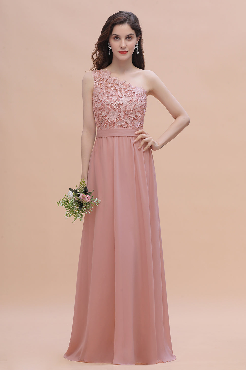 Chic One Shoulder Chiffon Lace Vintage Mauve Bridesmaid Dress On Sale-Babyonlines