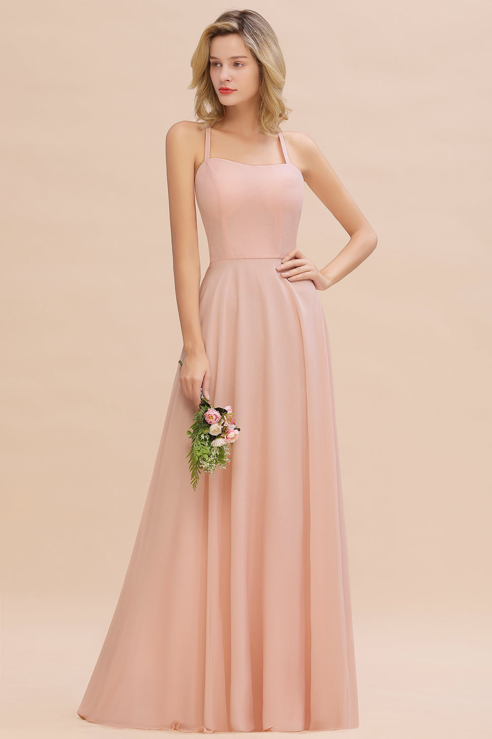 Chic Straps Sleeveless Chiffon Affordable Bridesmaid Dresses with Ruffle-Babyonlines