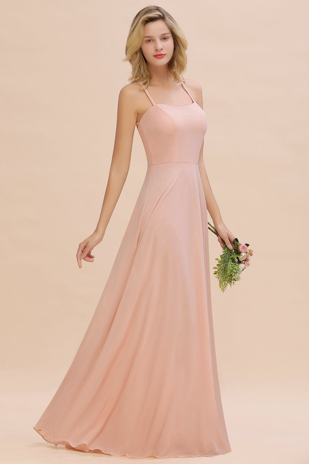 Chic Straps Sleeveless Chiffon Affordable Bridesmaid Dresses with Ruffle-Babyonlines