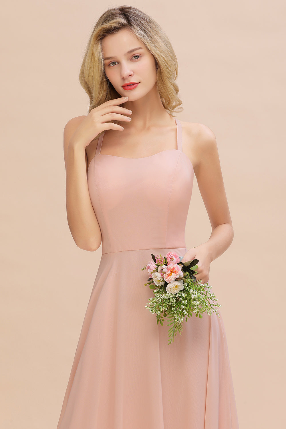 Chic Straps Sleeveless Chiffon Affordable Bridesmaid Dresses with Ruffle-Babyonlines