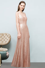 Chic V-Neck Spaghetti-Straps Sequined Long Bridesmaid Dresses Affordable-Babyonlines