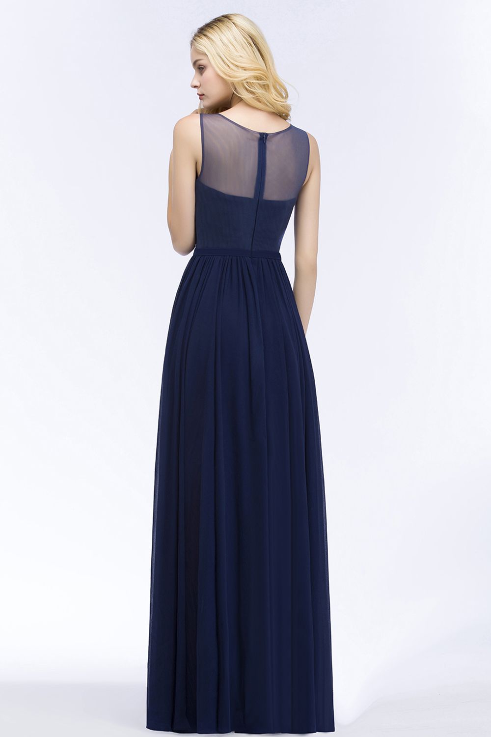 Chiffon Lace Appliques Affordable Navy Bridesmaid Dress Online-Babyonlines