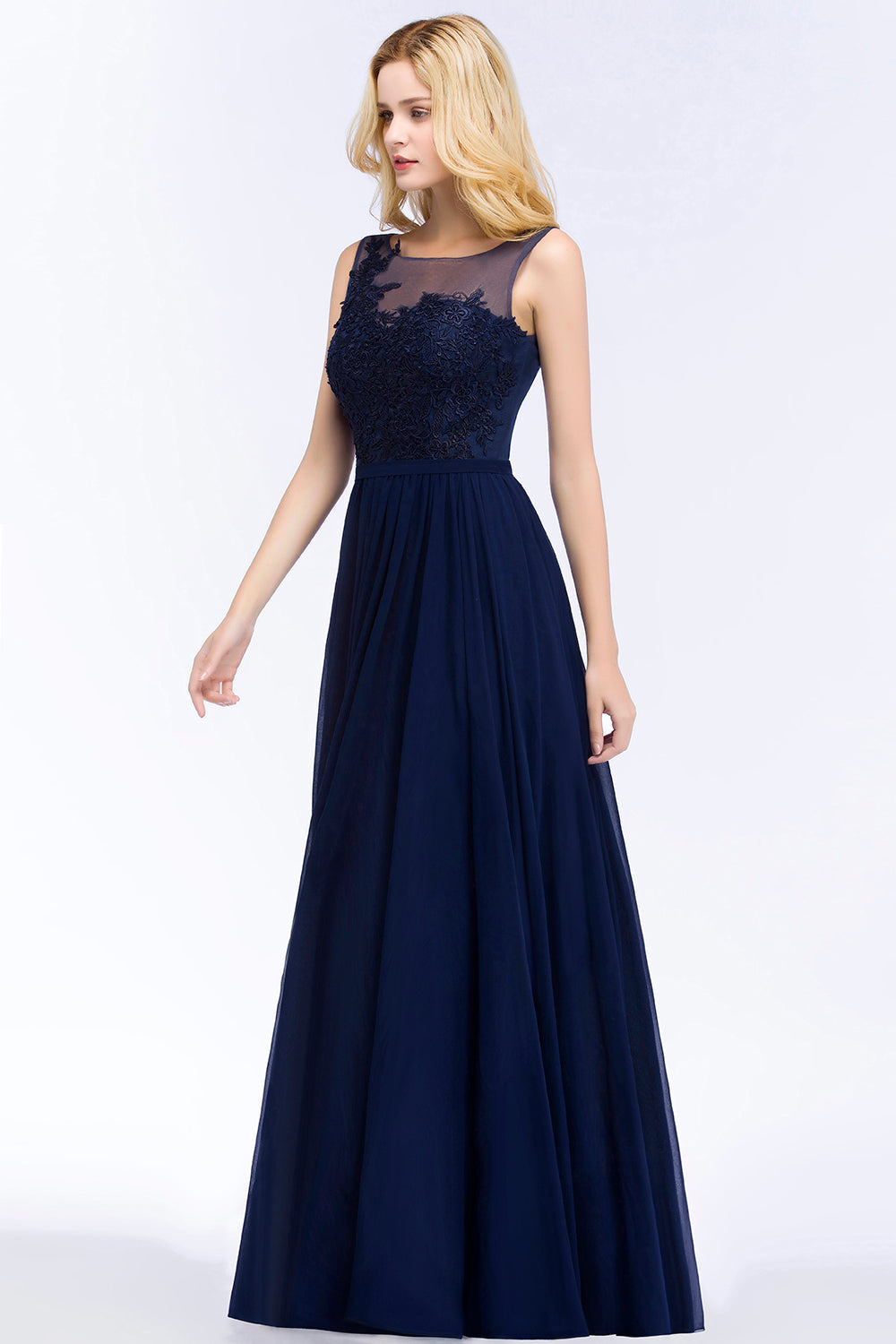 Chiffon Lace Appliques Affordable Navy Bridesmaid Dress Online-Babyonlines