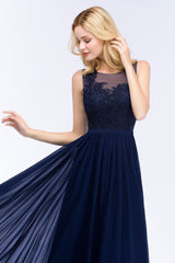 Chiffon Lace Appliques Affordable Navy Bridesmaid Dress Online-Babyonlines