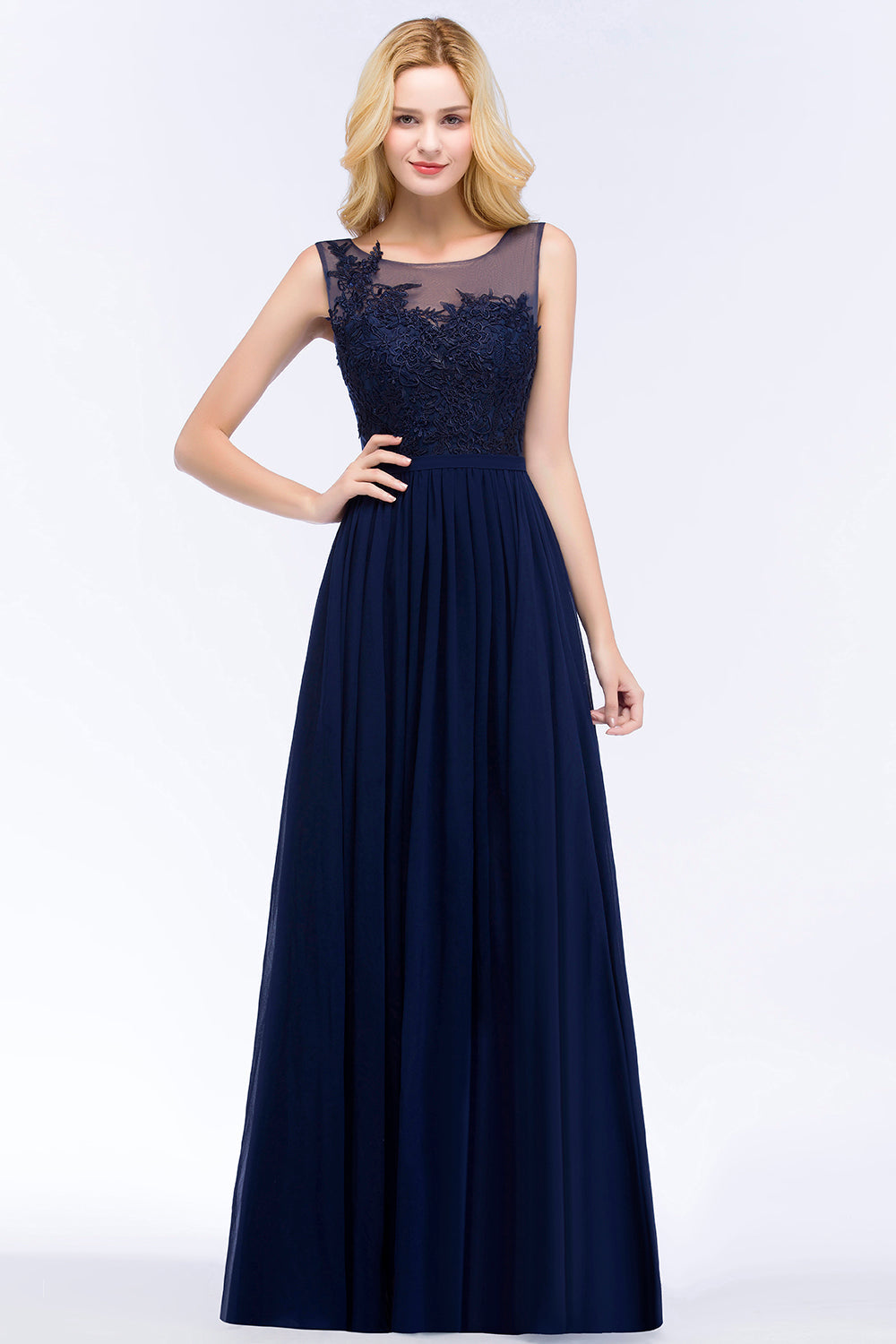 Chiffon Lace Appliques Affordable Navy Bridesmaid Dress Online-Babyonlines