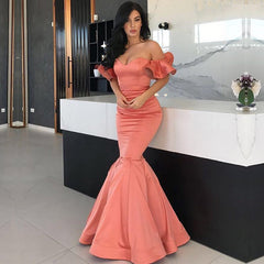 Coral Off-the-Shoulder Long Mermaid Prom Dress