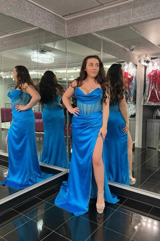 Cowl Neck Blue Pleated Mermaid Prom Dress with Slit