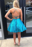 Criss Cross A-Line Short Blue Sequins Homecoming Dress